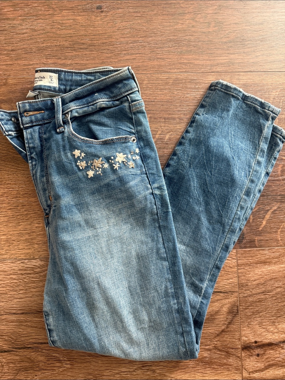 Abercrombie & Fitch Blue Skinny Jeans with Floral Pocket Embellishments